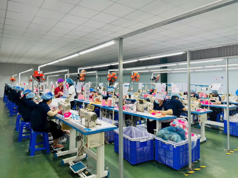 Teddy bear and plush toy sewing line at the Pearl Pets factory